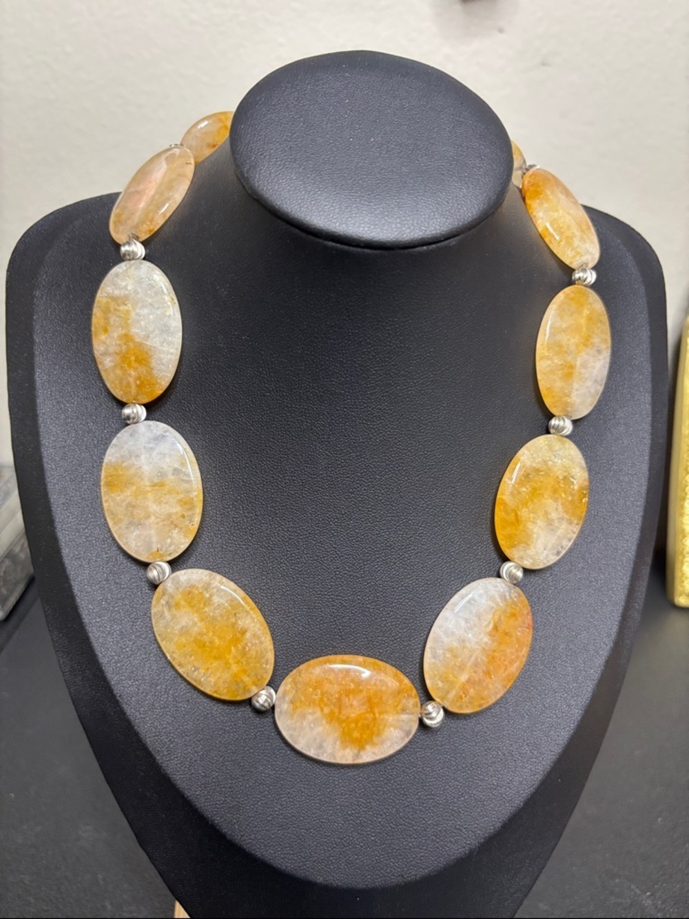 Vintage Oval Quartz Beaded Southwestern Silver Tone Necklace